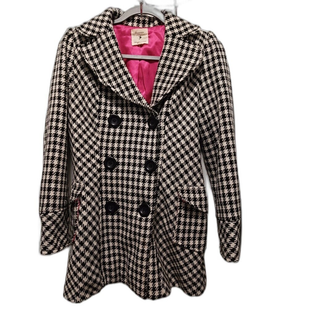Forever 21 Wool Blend Pea Coat Double Breasted Black White Plaid‎ S